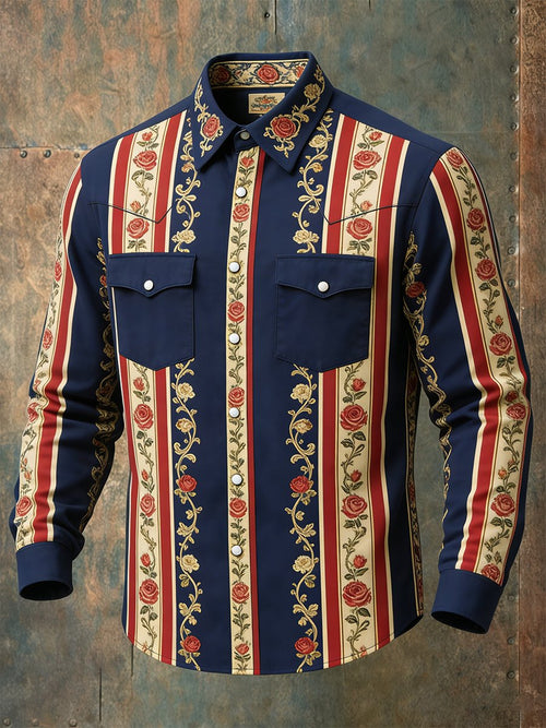 Men's Vintage Striped Rose Western Long-Sleeved Shirt