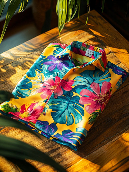 Men's Satin Luxe Hawaiian Print Short Sleeve Button Shirt