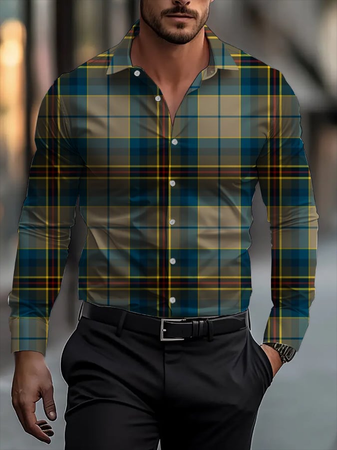 Men's Classic Business Plaid Stripe Print Long Sleeve Shirt