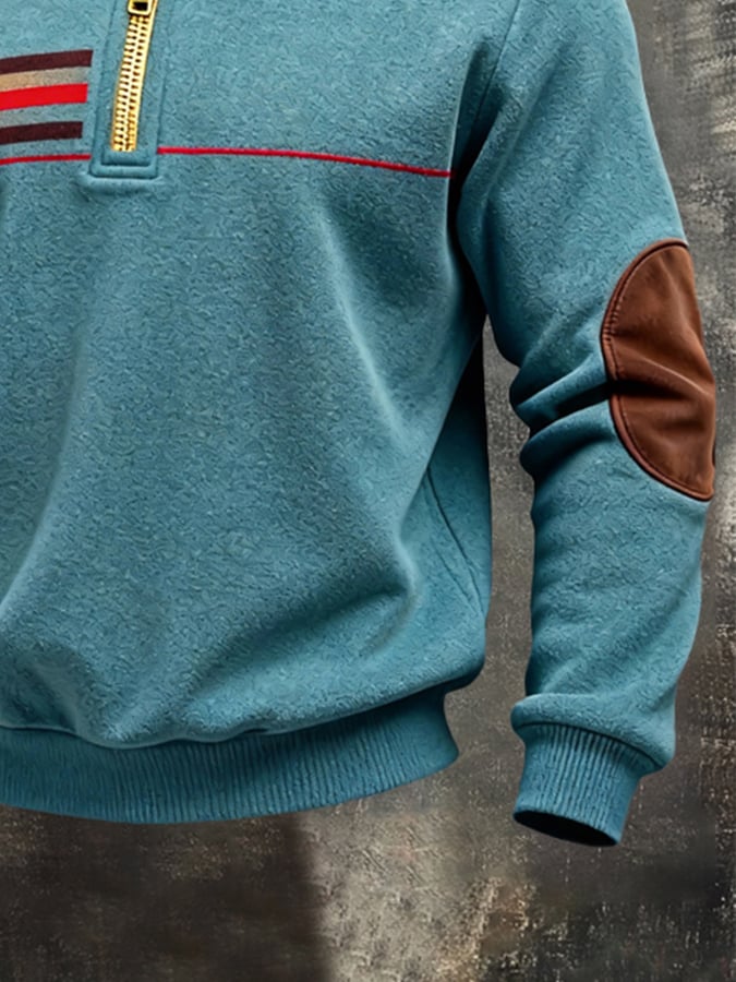 Men's Retro Color Block Print Color-Blocked Zip-Up Sweatshirt