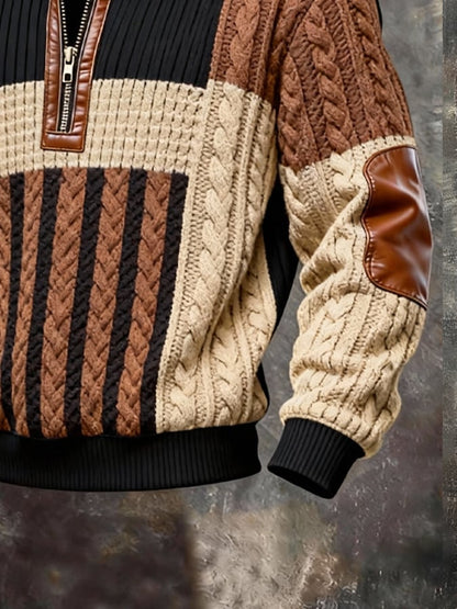 Men'S Casual Retro Contrast Color Half Zip Stand Collar Long Sleeve Sweatshirt