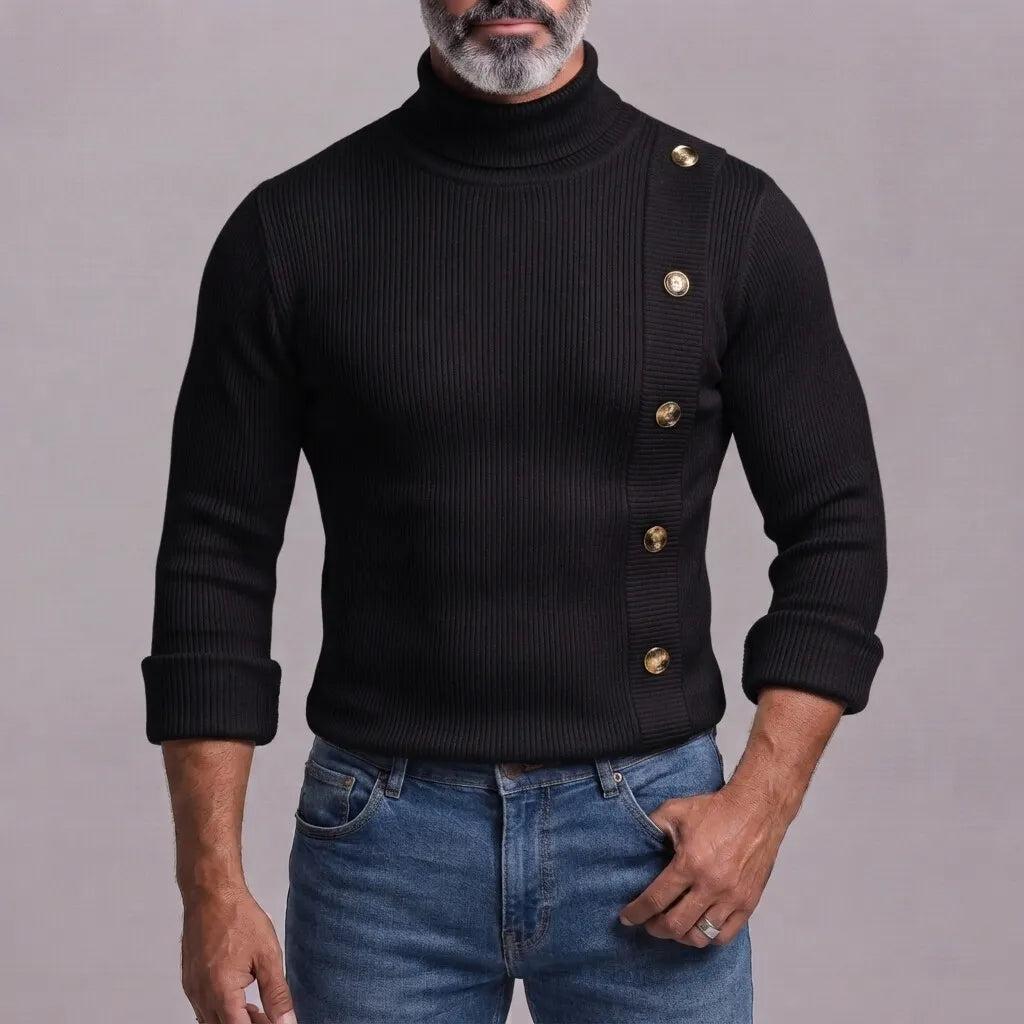 Men's White Ribbed Knitted Turtleneck Asymmetric Button Slim-Fit Long Sleeve T-Shirt