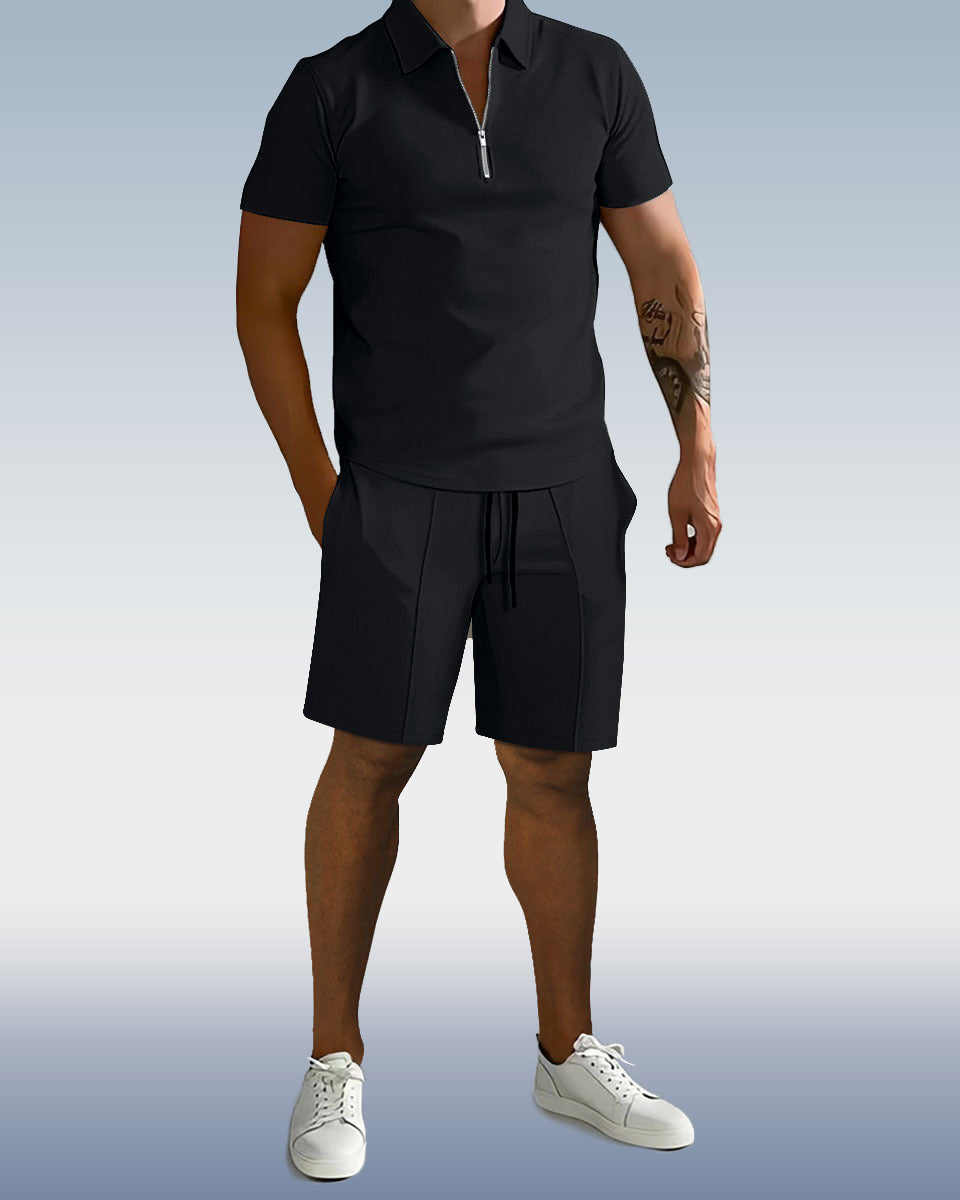 Suitmens Men'sPlain Zipper POLO Short Sleeve Set 0095