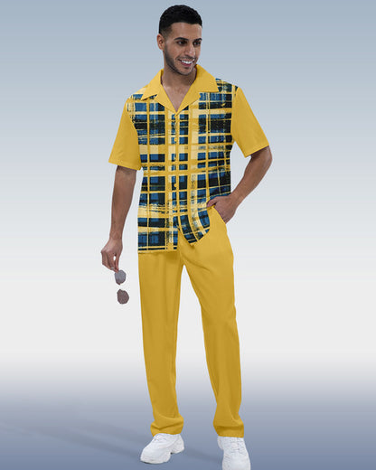 Rianmond Men's Check Print Short Sleeve Shirt Walking Set 352