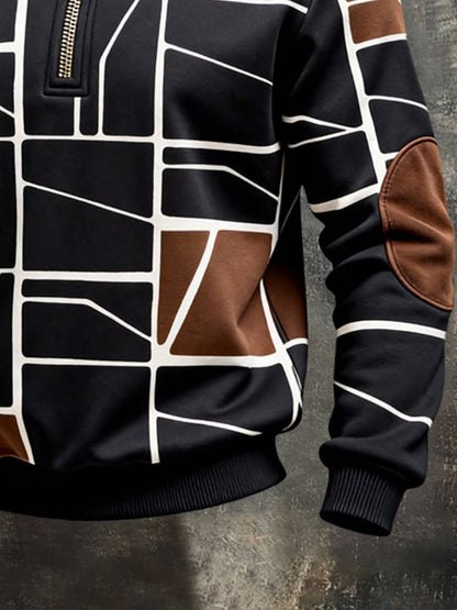 Men's Retro Color Block Print Color-Blocked Zip-Up Sweatshirt