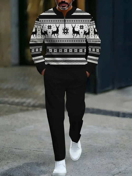 Men's Casual Black & White Color Matching Christmas Elk Pattenr Round-Neck Zipper Long Sleeved Sweatshirt & Trousers Two-Piece Set