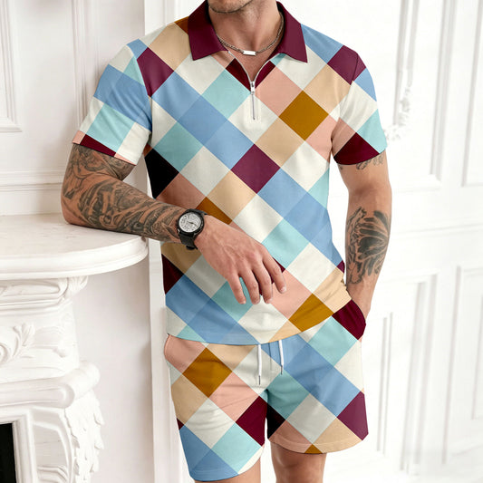 Men's Casual Multicolored Checkered Color Matching Printed Short Sleeved Zipper Polo Shirt & Shorts Two-Piece Set