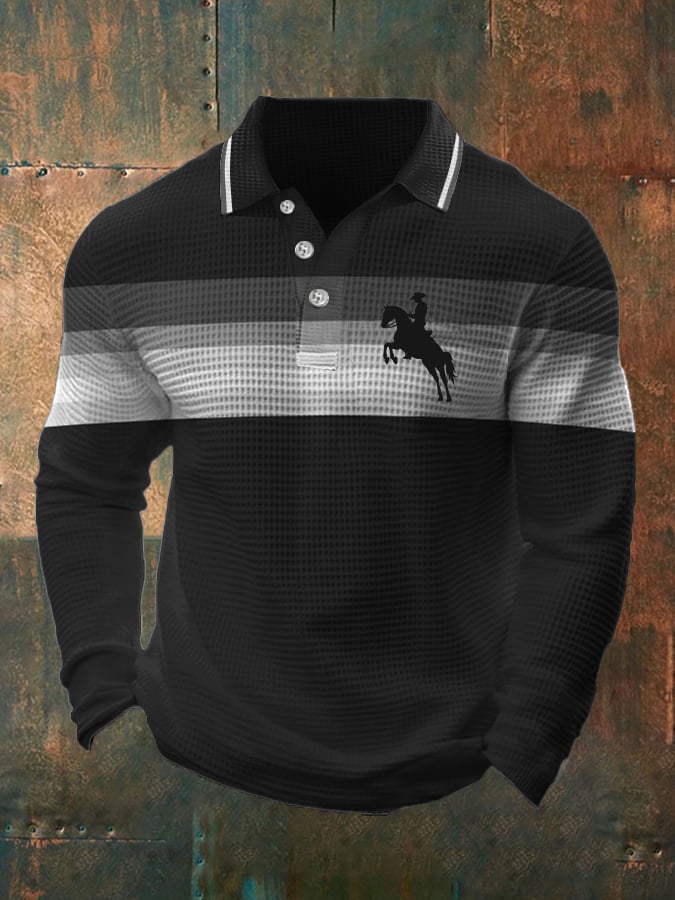Men's Retro Lettering Design Waffle Fabric Long Sleeve Polo Shirt