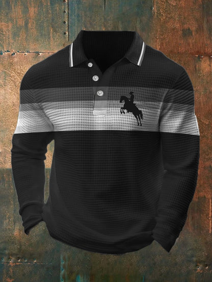 Men's Retro Lettering Design Waffle Fabric Long Sleeve Polo Shirt