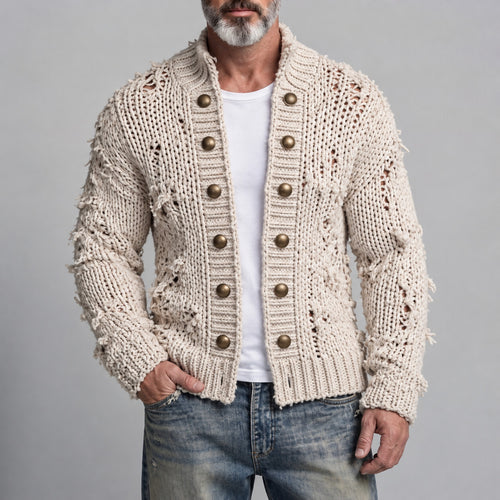 Men's Beige Stand Collar Brass Buttons Vintage Distressed Chunky Knit Cardigan