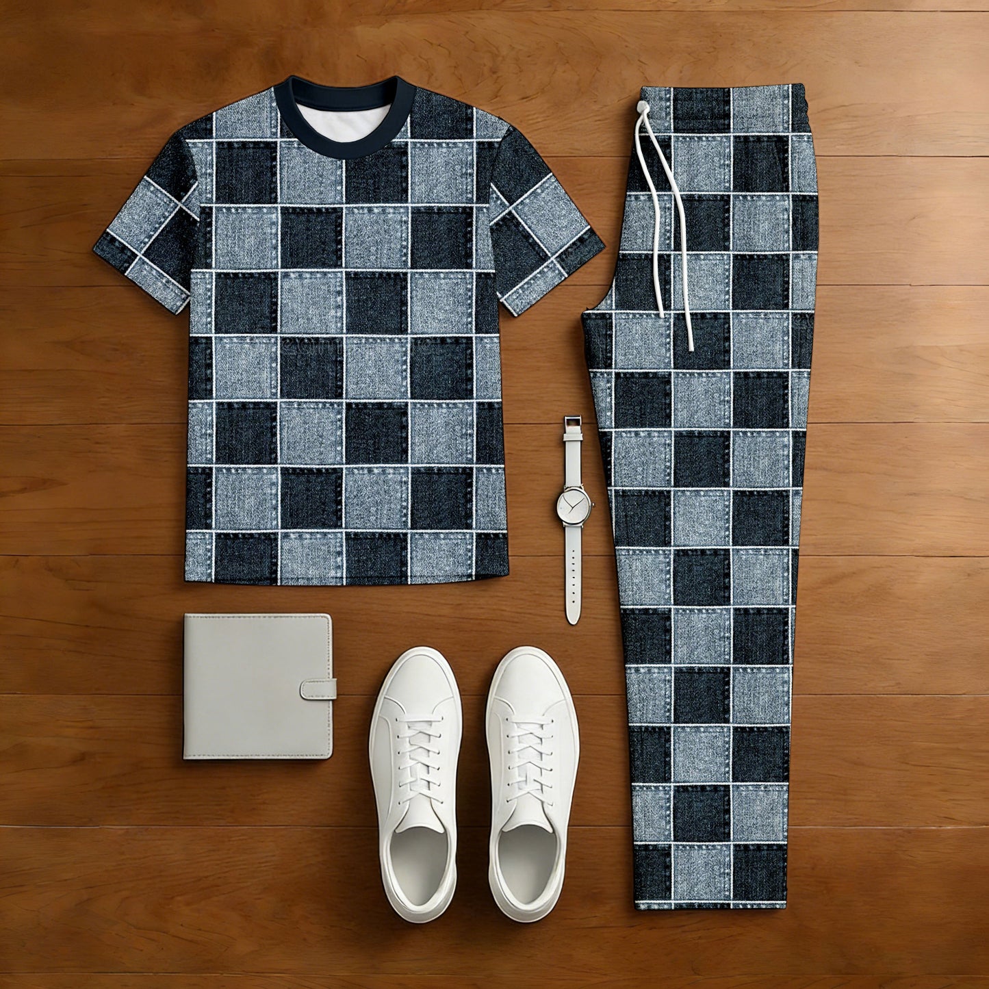 Men's Casual Denim Blue Color Matching Checkered Printed Short Sleeved T-Shirt & Trousers Two-Piece Set