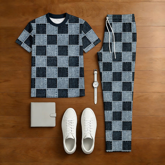 Men's Casual Denim Blue Color Matching Checkered Printed Short Sleeved T-Shirt & Trousers Two-Piece Set