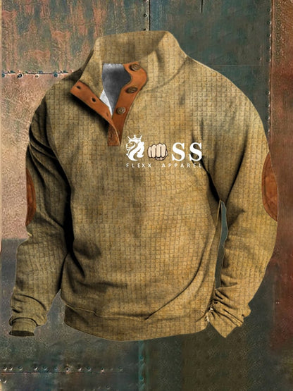 Men's Vintage Lettering Printed Stand Collar Check Button Sweatshirt