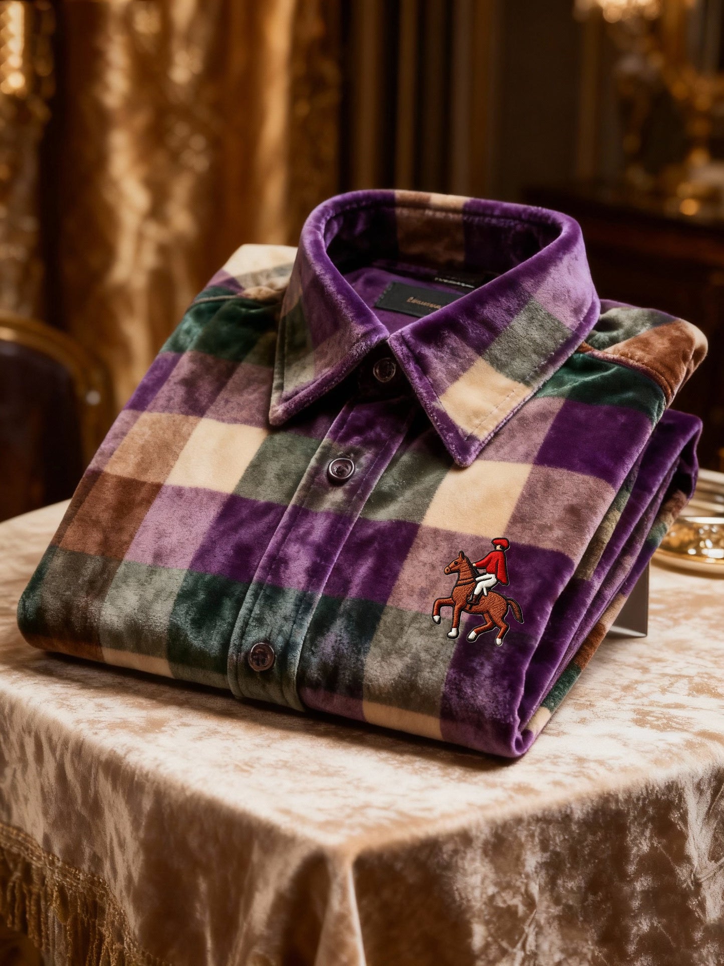 Men's Velvet Logo Casual Plaid Long Sleeve Shirt