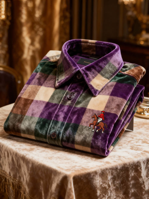 Men's Velvet Logo Casual Plaid Long Sleeve Shirt