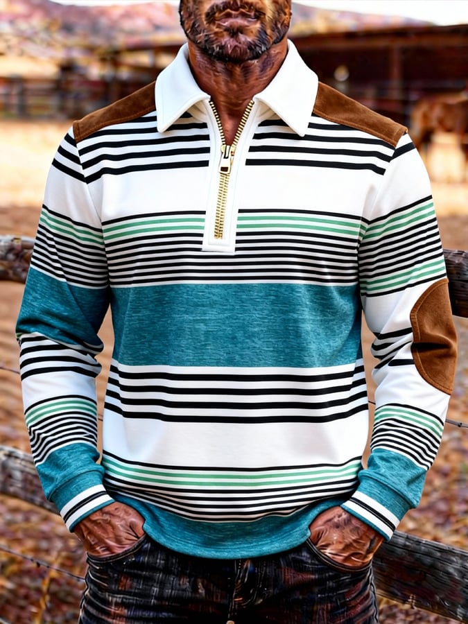 Men's Retro Color Block Print Zipper Sweatshirt