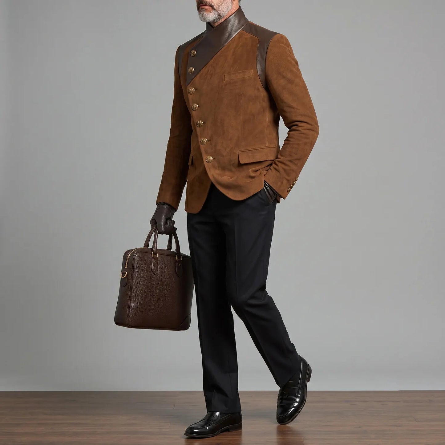 Men's Vintage Asymmetric Oblique Button PU Leather Contrast Spliced Suede Stand Collar Long Sleeve Jacket