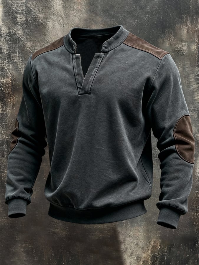 Men'S Vintage Pure Cotton Washed And Distressed Patchwork Color-Block Long-Sleeved Sweatshirt