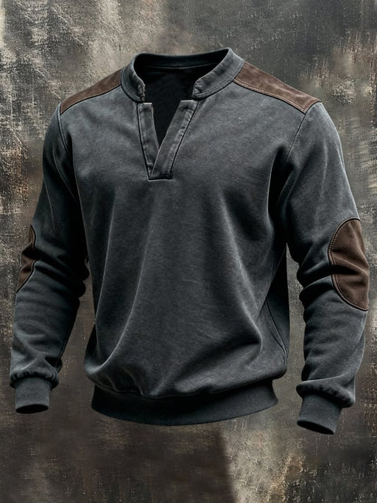 Men'S Vintage Pure Cotton Washed And Distressed Patchwork Color-Block Long-Sleeved Sweatshirt