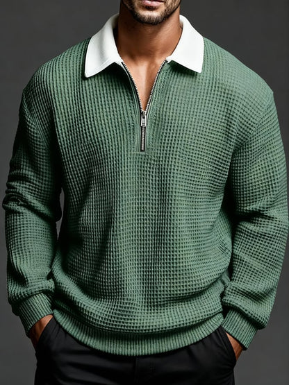 Men'S Vintage Waffle-Knit Casual Outdoor Long-Sleeved Polo Shirt