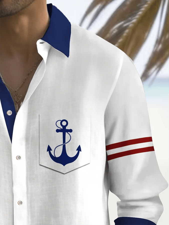 Men's Vintage Anchor Print Vacation Shirt (With Pockets)