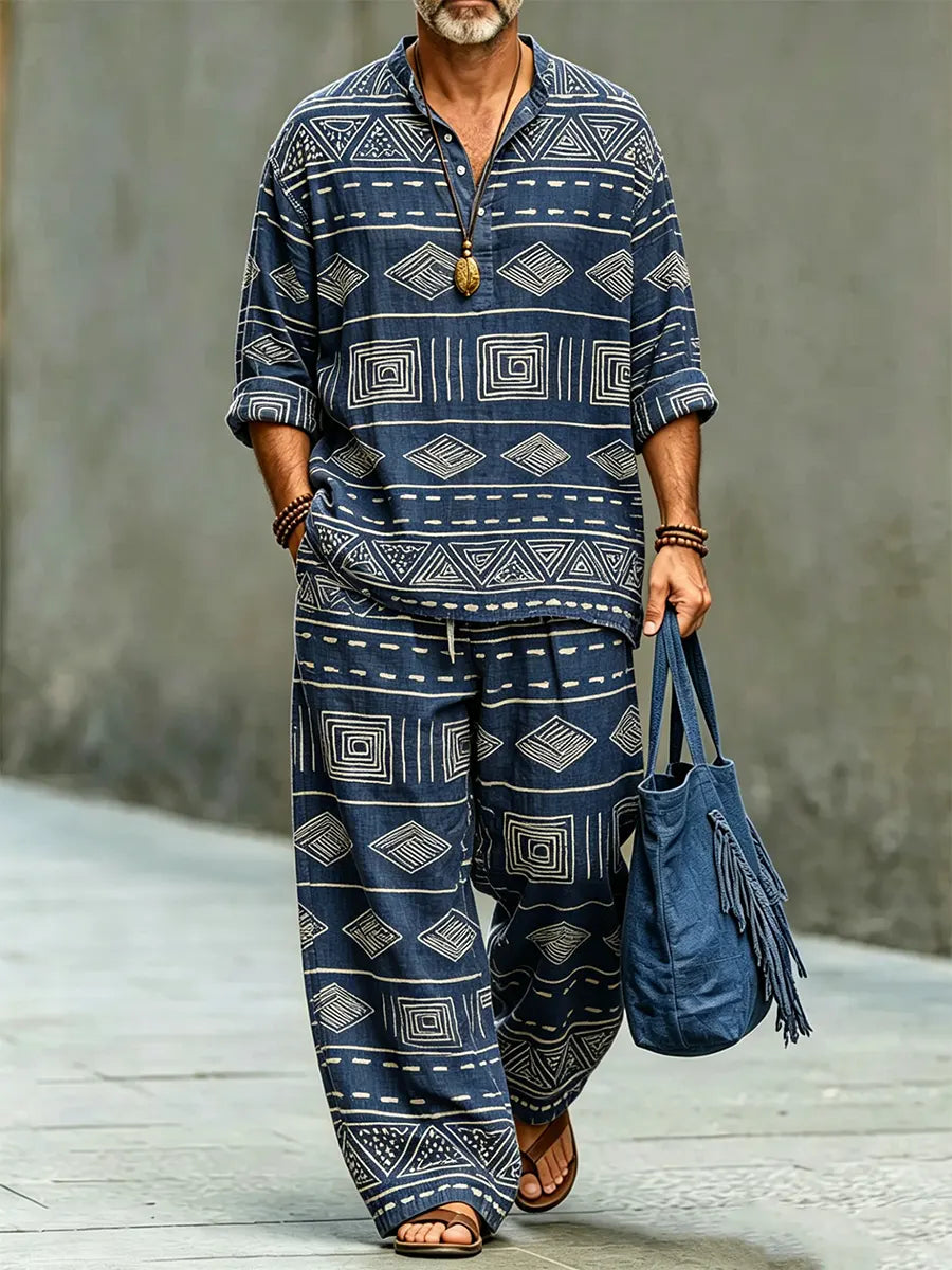 Men's Retro Pattern Print Casual Linen Two-piece Set (top & Pants)