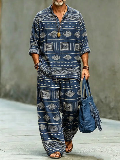 Men's Retro Pattern Print Casual Linen Two-piece Set (top & Pants)