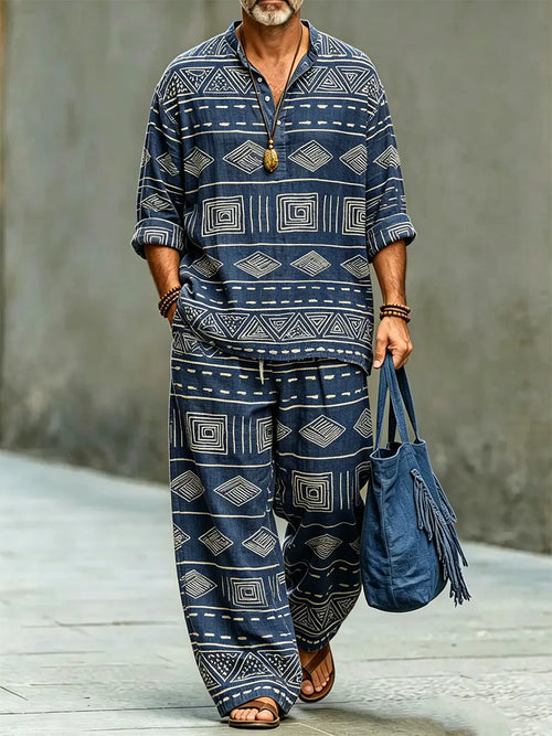 Men's Retro Pattern Print Casual Linen Two-piece Set (top & Pants)