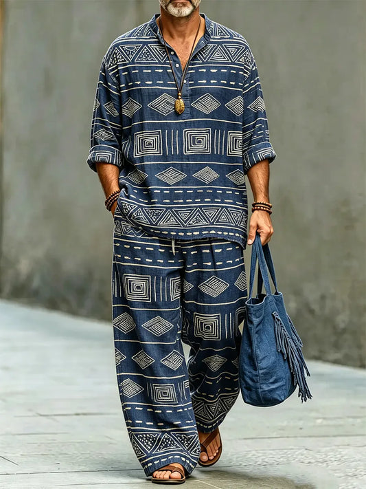 Men's Retro Pattern Print Casual Linen Two-piece Set (top & Pants)