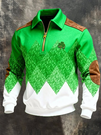 (Detachable Shamrock Brooch Included) Men's St. Patrick's Day Printed Color-Block Zip-Up Hoodie