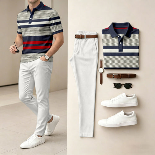 Men's Casual Striped Contrasting Printed Polo Shirt And Pants Two-Piece Set