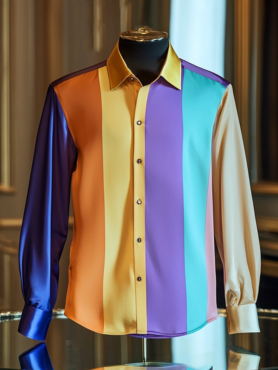 Men's Satin Luxury Business Charlie Sheen Striped Long Sleeve Shirt