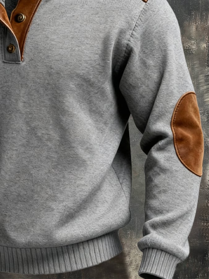 Men's Retro Fleece Warm Patchwork Comfortable Color-Blocked Henry Sweatshirt