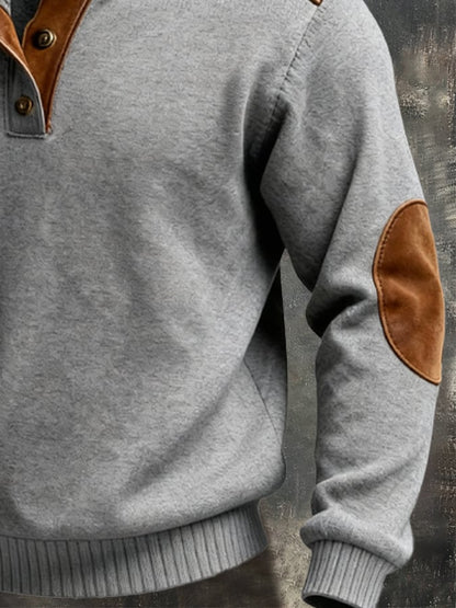 Men's Retro Fleece Warm Patchwork Comfortable Color-Blocked Henry Sweatshirt