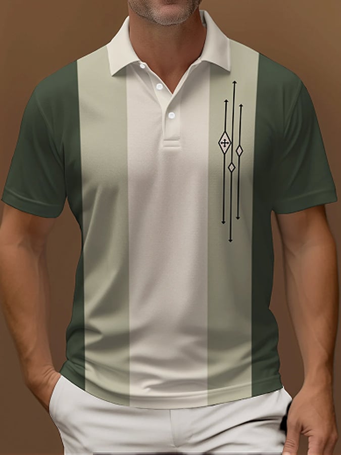 Men's Vintage Striped Button Short Sleeve Polo Shirt