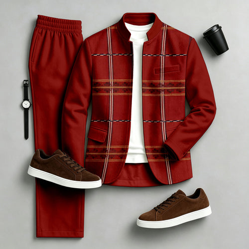 Men's Printed Stand-Collar Jacket and Pants Set