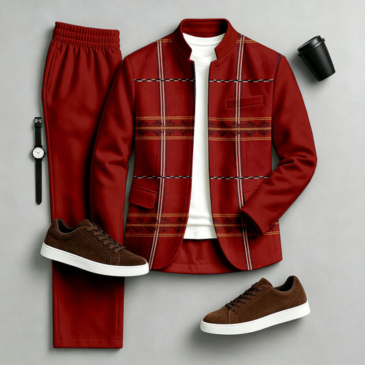 Men's Printed Stand-Collar Jacket and Pants Set
