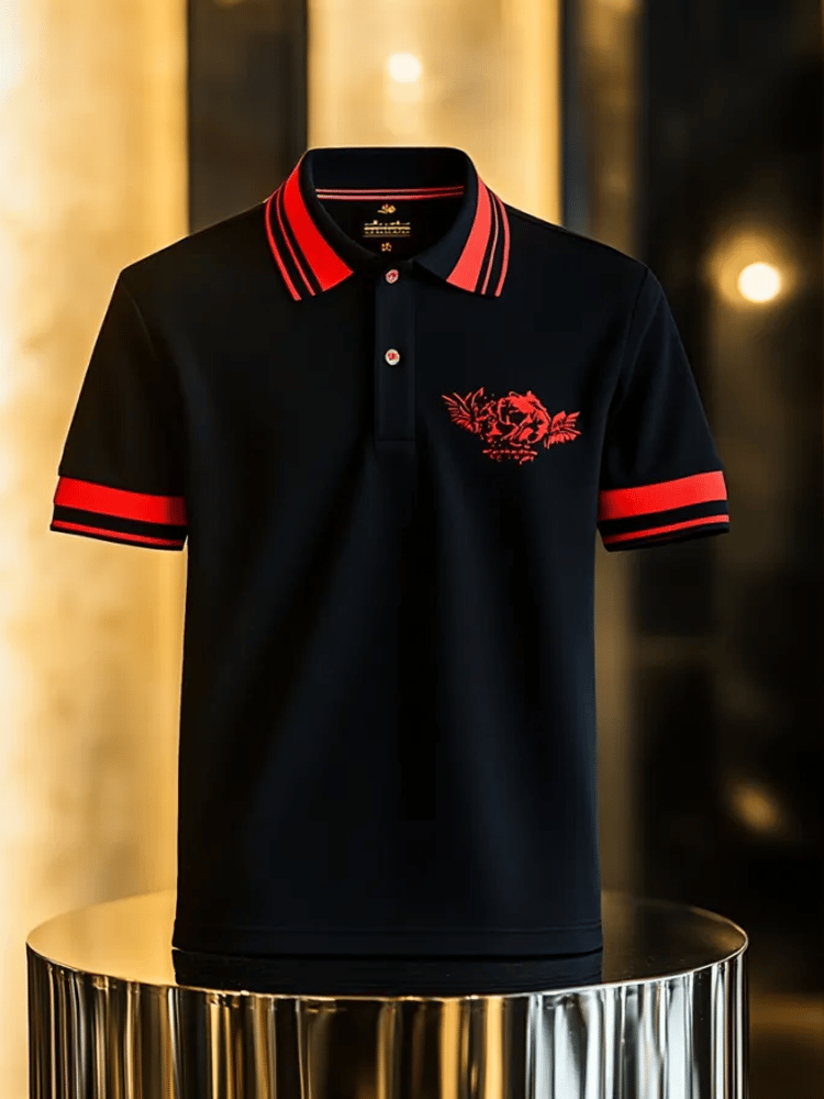 Men's Business Stripe Lettering Button-Down Polo Shirt