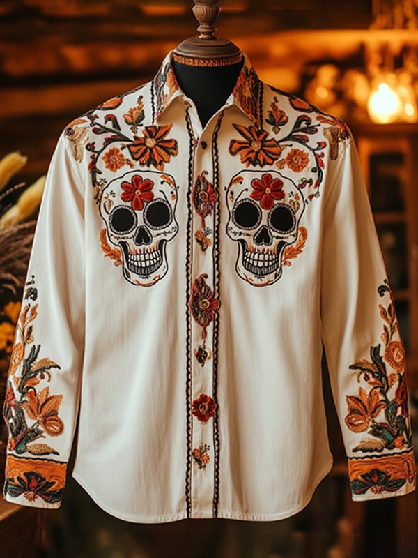 Men's Outdoor Vintage Skull and Floral Print Long Sleeve Shirt