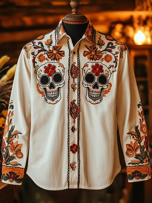 Men's Outdoor Vintage Skull and Floral Print Long Sleeve Shirt