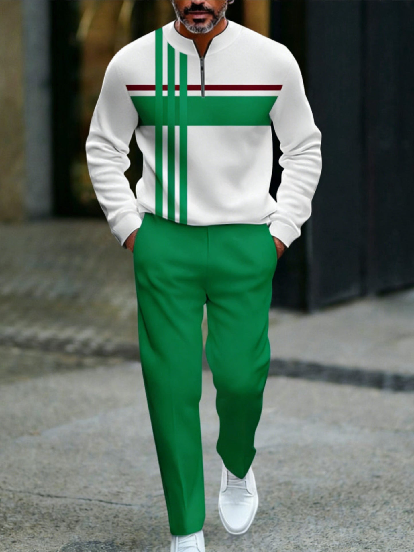 Men's Casual White & Green Color Matching Striped Printed Round-Neck Zipper Long Sleeved Sweatshirt & Trousers Two-Piece Set