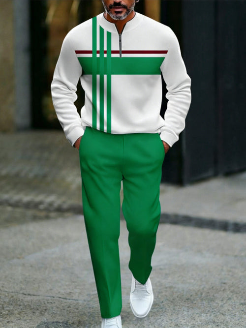 Men's Casual White & Green Color Matching Striped Printed Round-Neck Zipper Long Sleeved Sweatshirt & Trousers Two-Piece Set