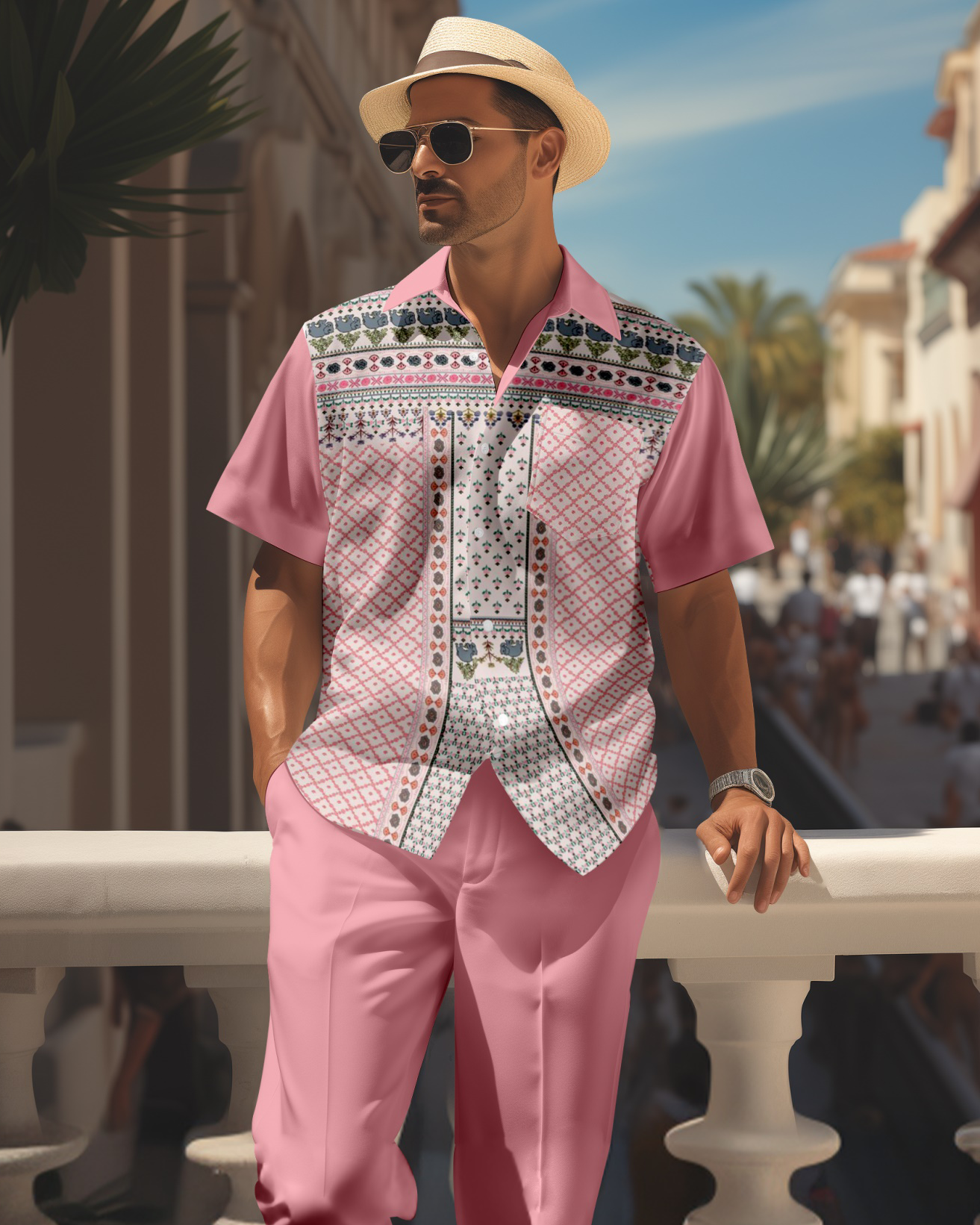 Men's retro colorblock short-sleeved shirt walking Suit 1661