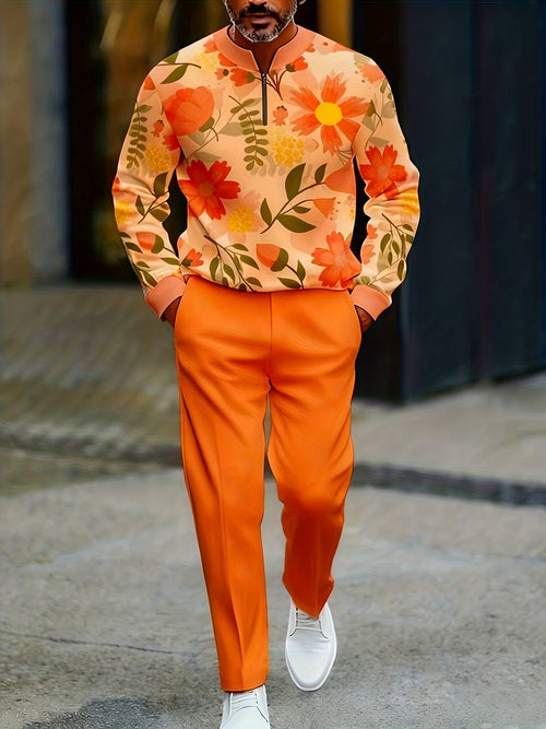 Men's Casual Color Matching Printed Round-Neck Zipper Long Sleeved Trousers Two-Piece Set