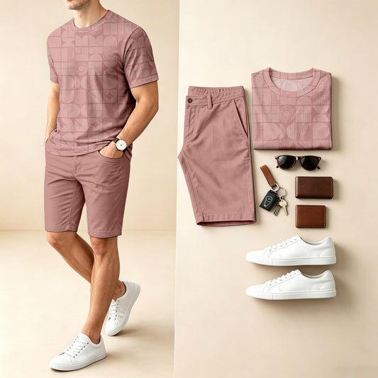 Men's Casual Asymmetrical Geometric Print Round-Neck Short-Sleeve T-Shirt And Shorts Two-Piece Set