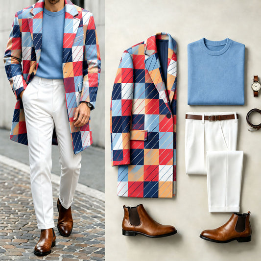 Men's Colorful Checkered Print Suit Set: Jacket, Knit Sweater, and Pants