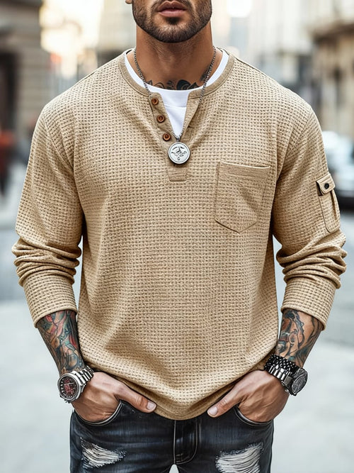 Men's Vintage Waffle-Knit Faux Two-Piece Long-Sleeved T-Shirt with Pockets
