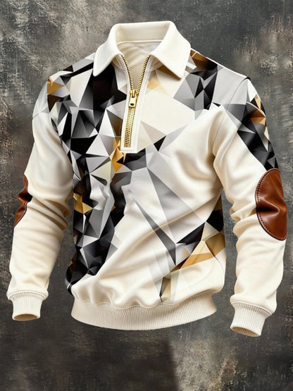 Men's Vintage Color-Block Printed Zip-Up Hoodie