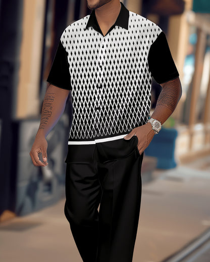 Men's Gradient Color Block Short Sleeve Shirt Walking Suit 1121