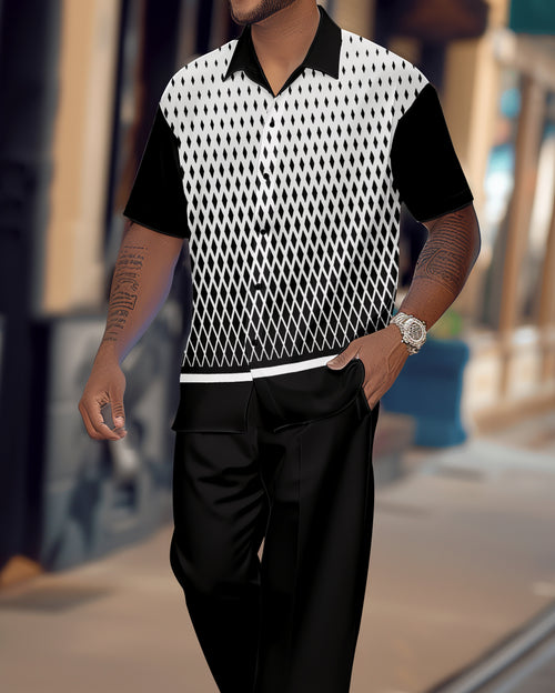 Men's Gradient Color Block Short Sleeve Shirt Walking Suit 1121